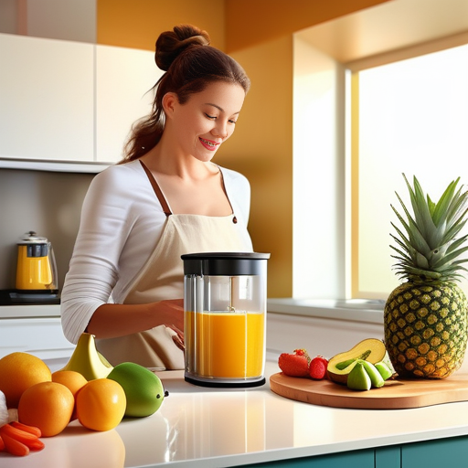 a woman in a kitchen making a smoothie